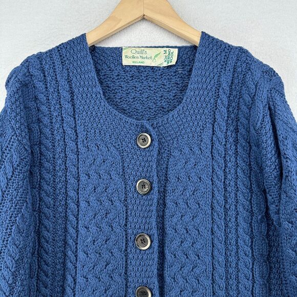QUILLS Cardigan Womens M 100% Merino Wool Button Up Cable Fisherman Blue Ireland - Picture 3 of 12